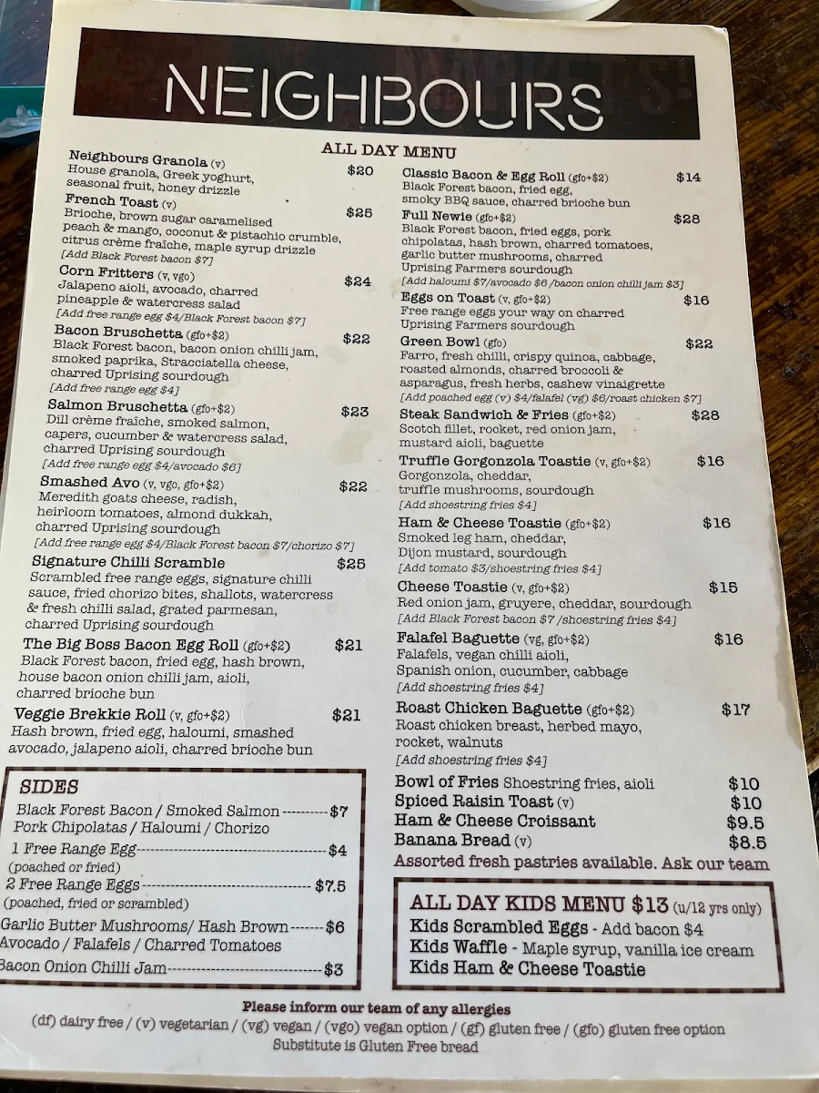 Menu, Market St Basement