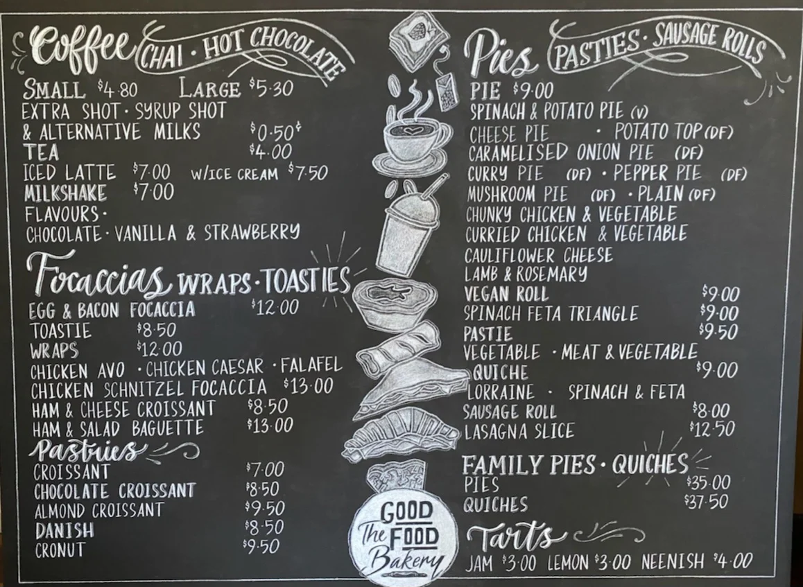 Menu, The Bake place