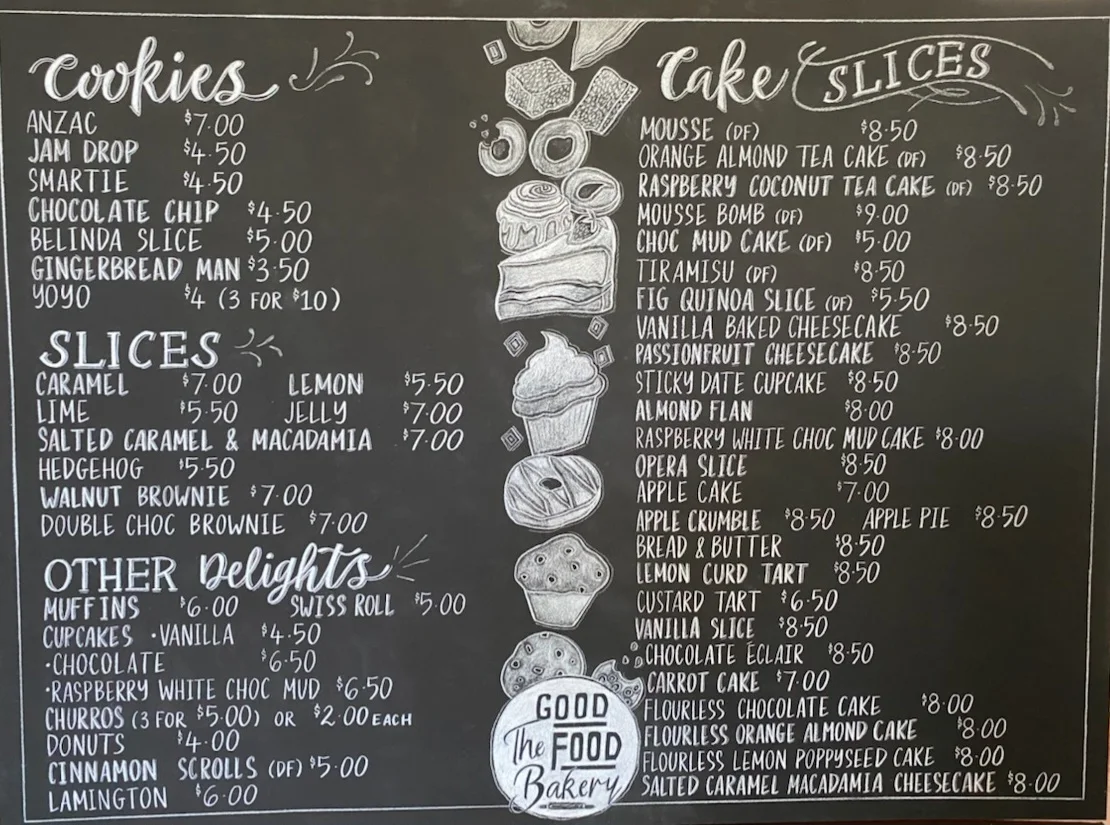 Menu, The Bake place