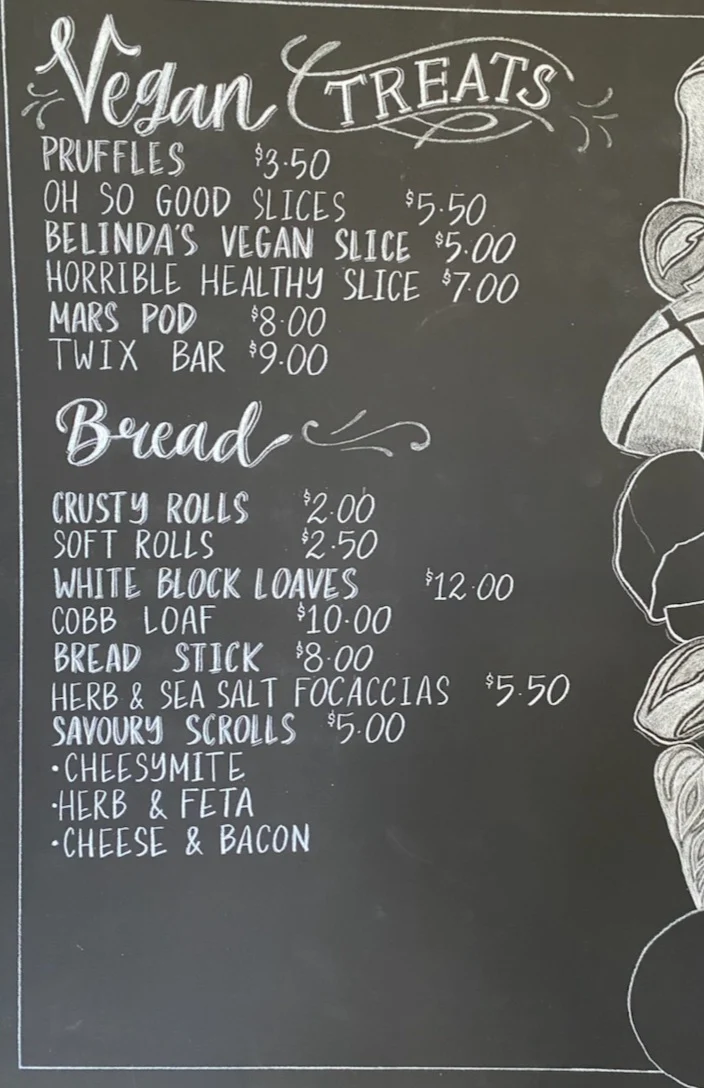 Menu, The Bake place