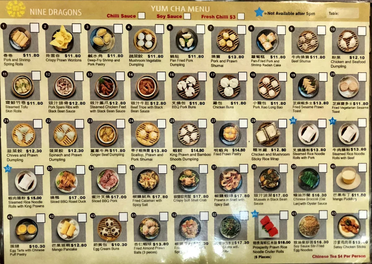 Menu, Nine Dragons