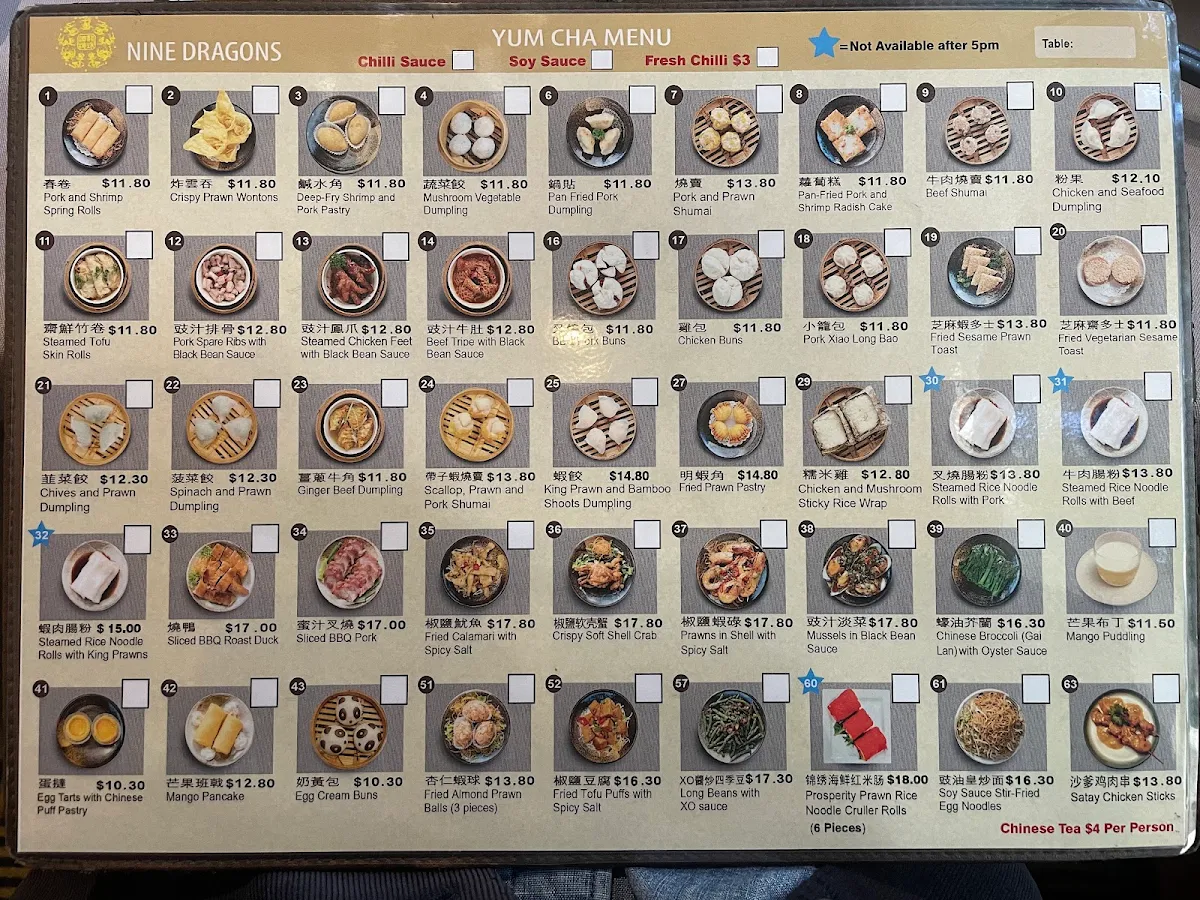 Menu, Nine Dragons