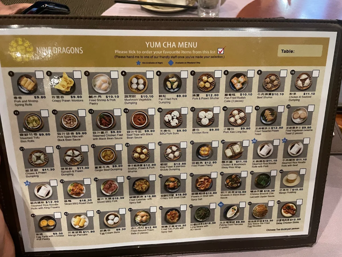Menu, Nine Dragons