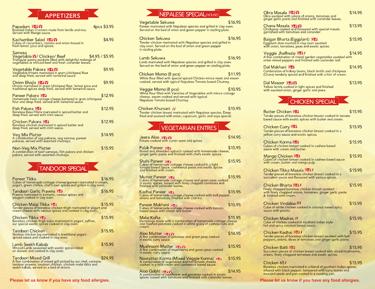 Menu, Green Chili - Indian Cuisine Calgary