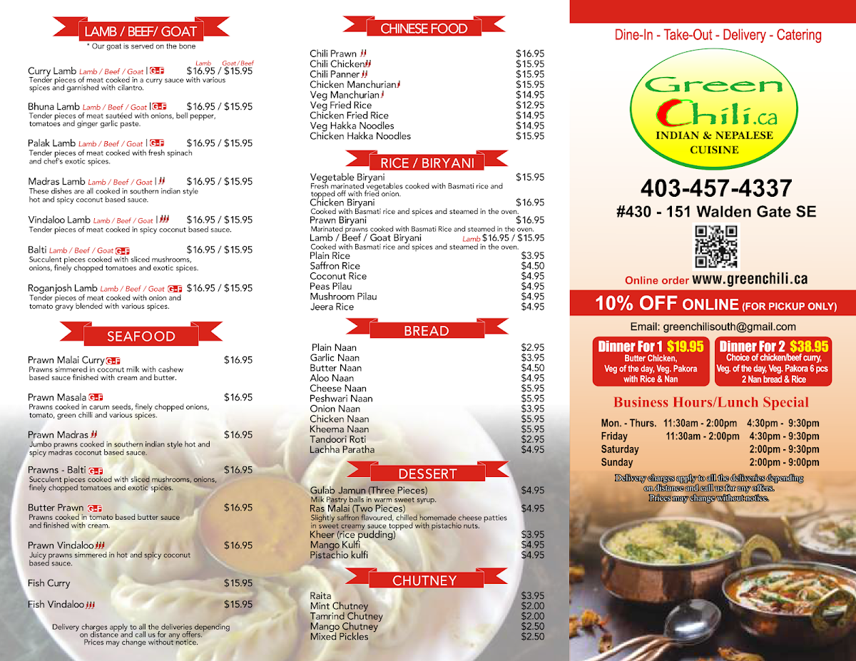 Menu, Green Chili - Indian Cuisine Calgary