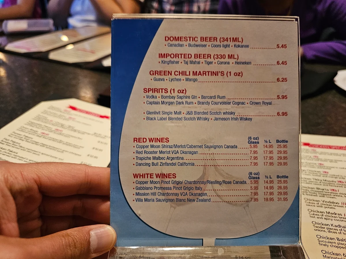 Menu, Green Chili - Indian Cuisine Calgary
