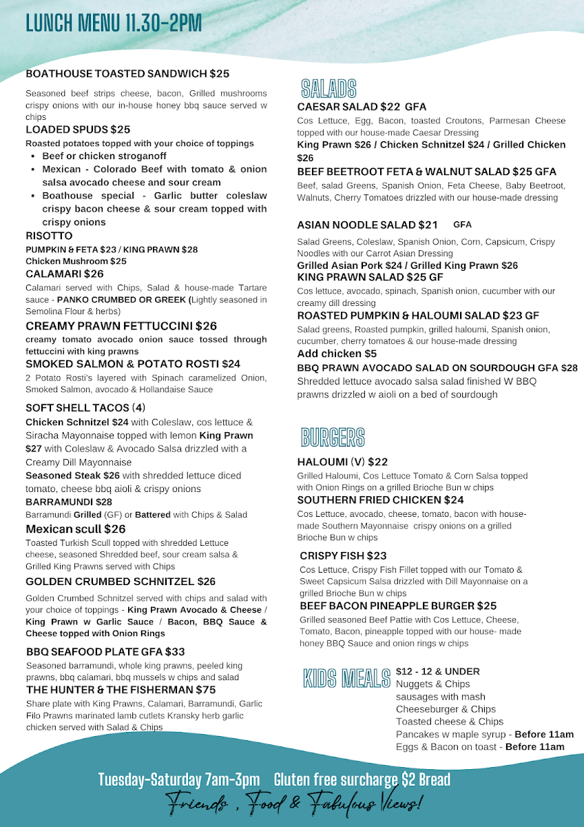 Menu, The Boathouse Cafe