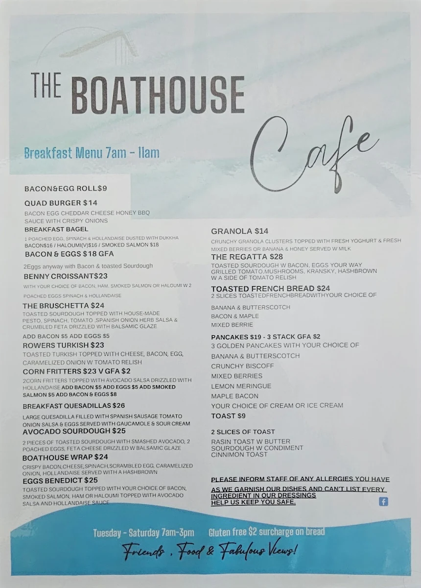 Menu, The Boathouse Cafe