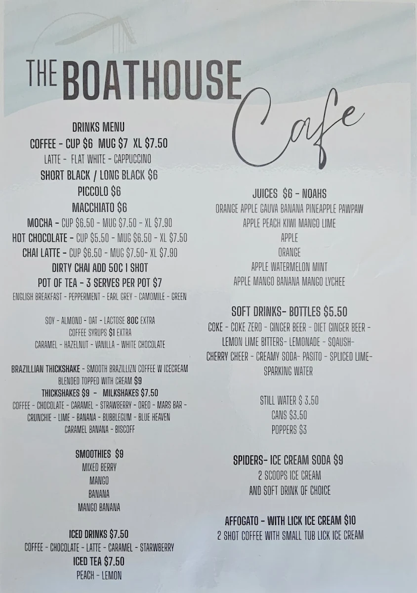 Menu, The Boathouse Cafe