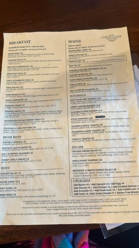 Menu, The Boathouse Cafe