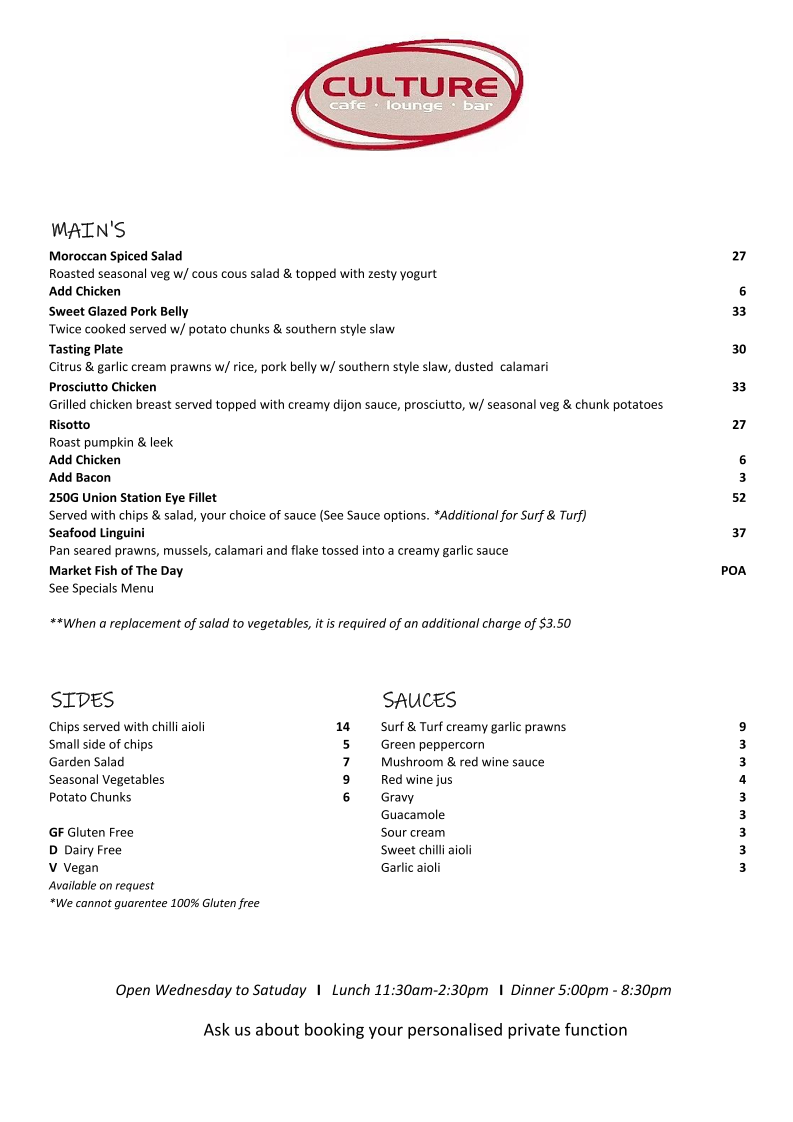 Menu, Culture Colac