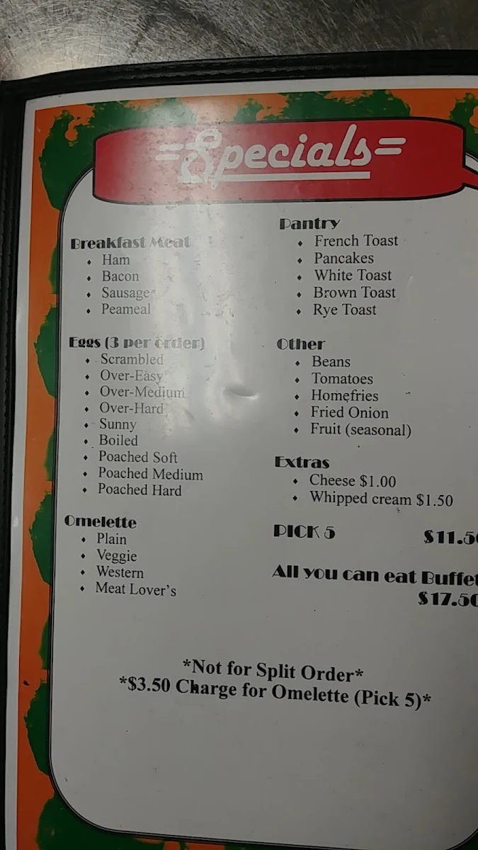 Menu, Diamond's Grill