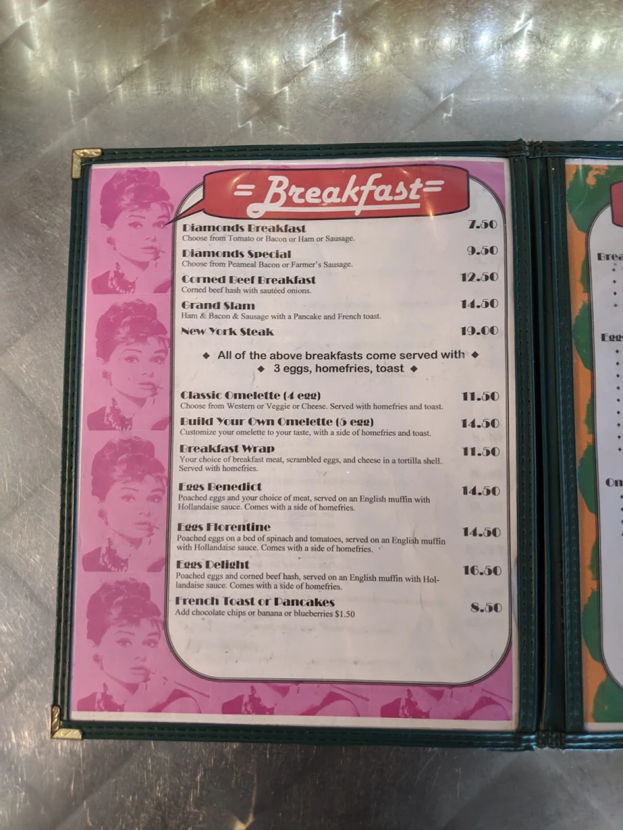 Menu, Diamond's Grill