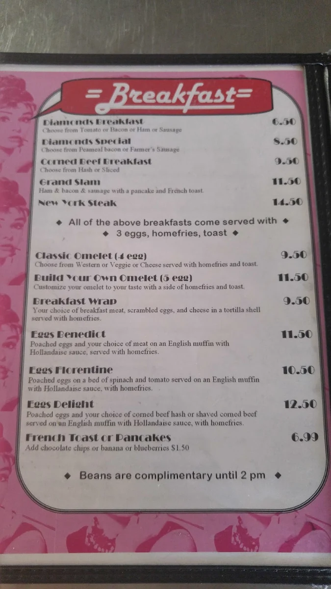 Menu, Diamond's Grill