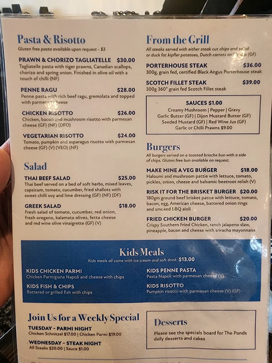 Menu, Waurn Ponds Hotel