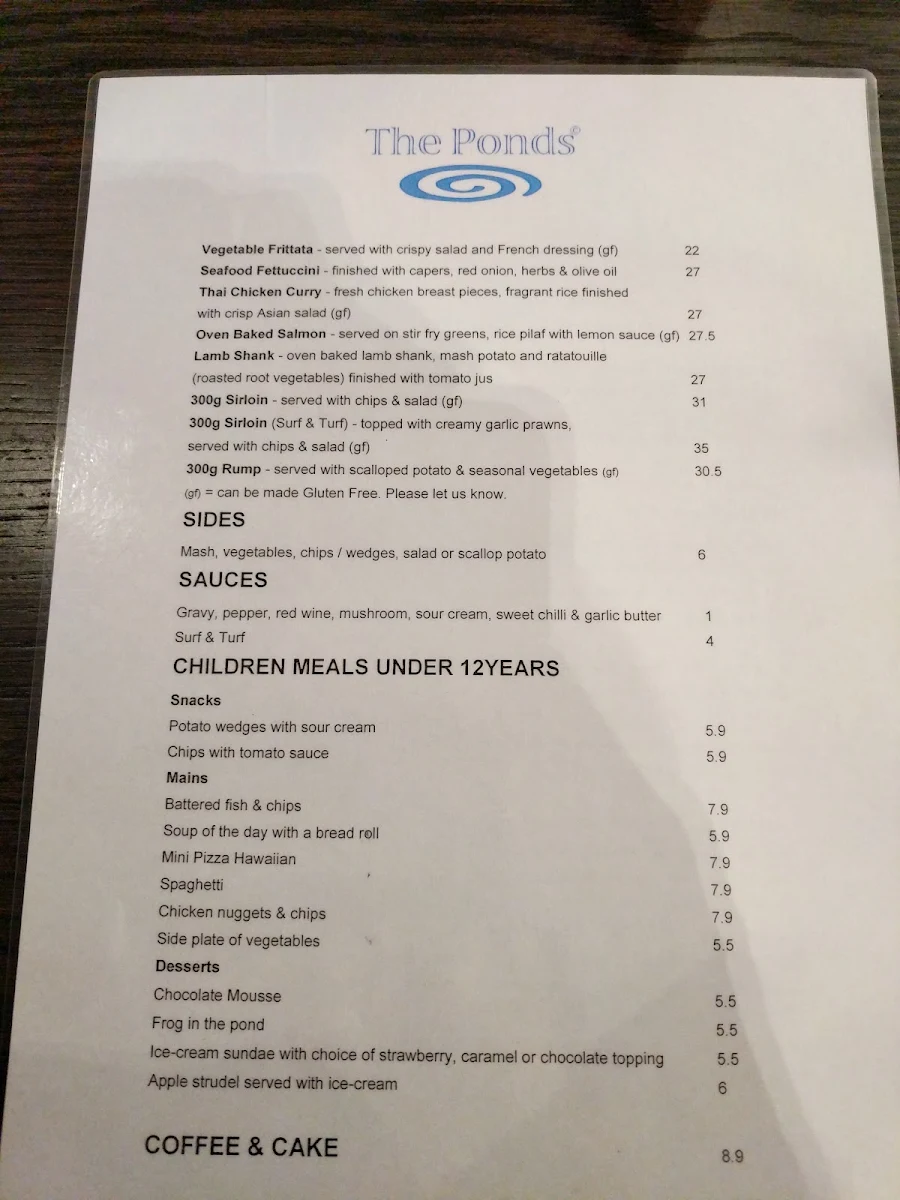 Menu, Waurn Ponds Hotel