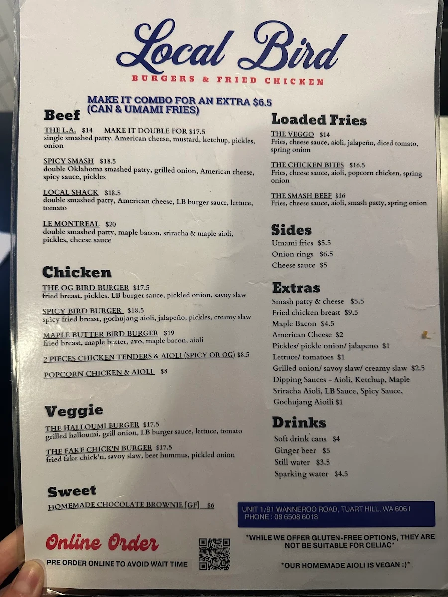 Menu, Local Bird Tuart Hill