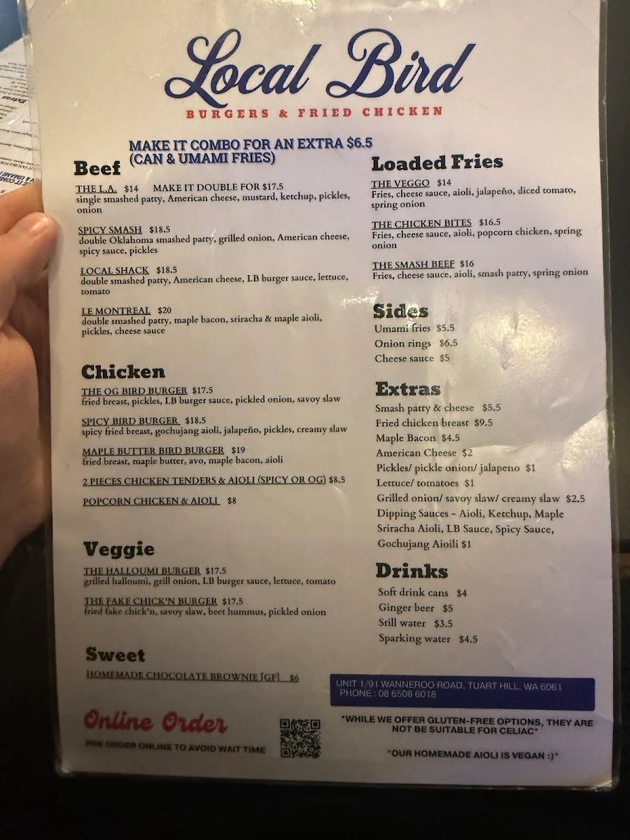 Menu, Local Bird Tuart Hill