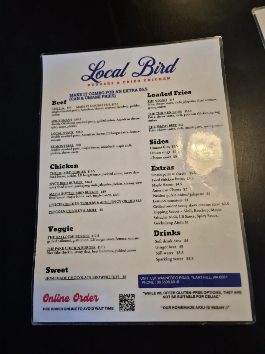 Menu, Local Bird Tuart Hill