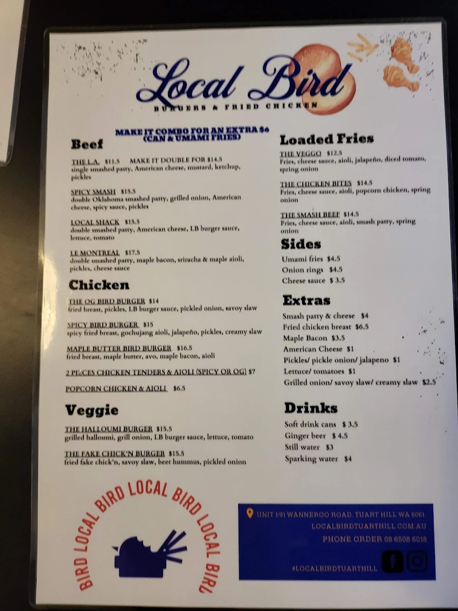 Menu, Local Bird Tuart Hill