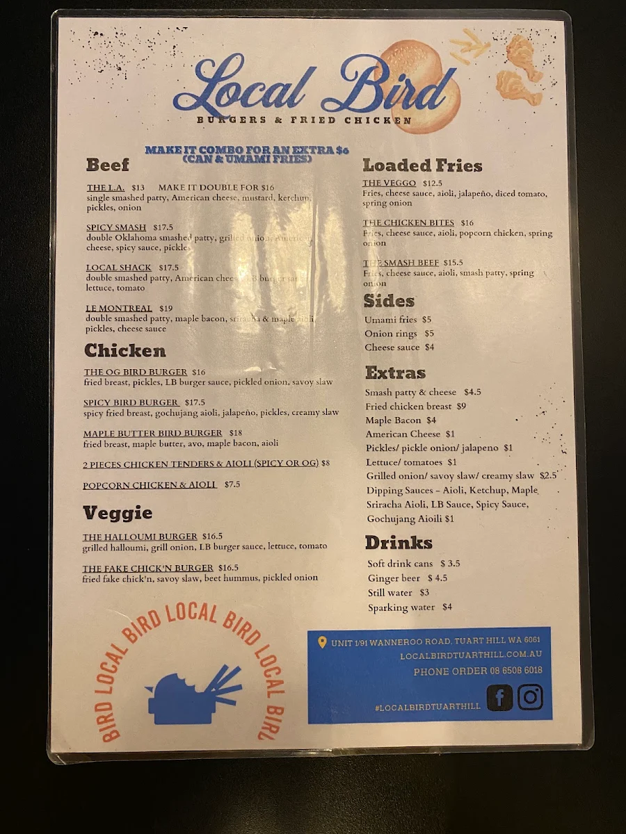 Menu, Local Bird Tuart Hill