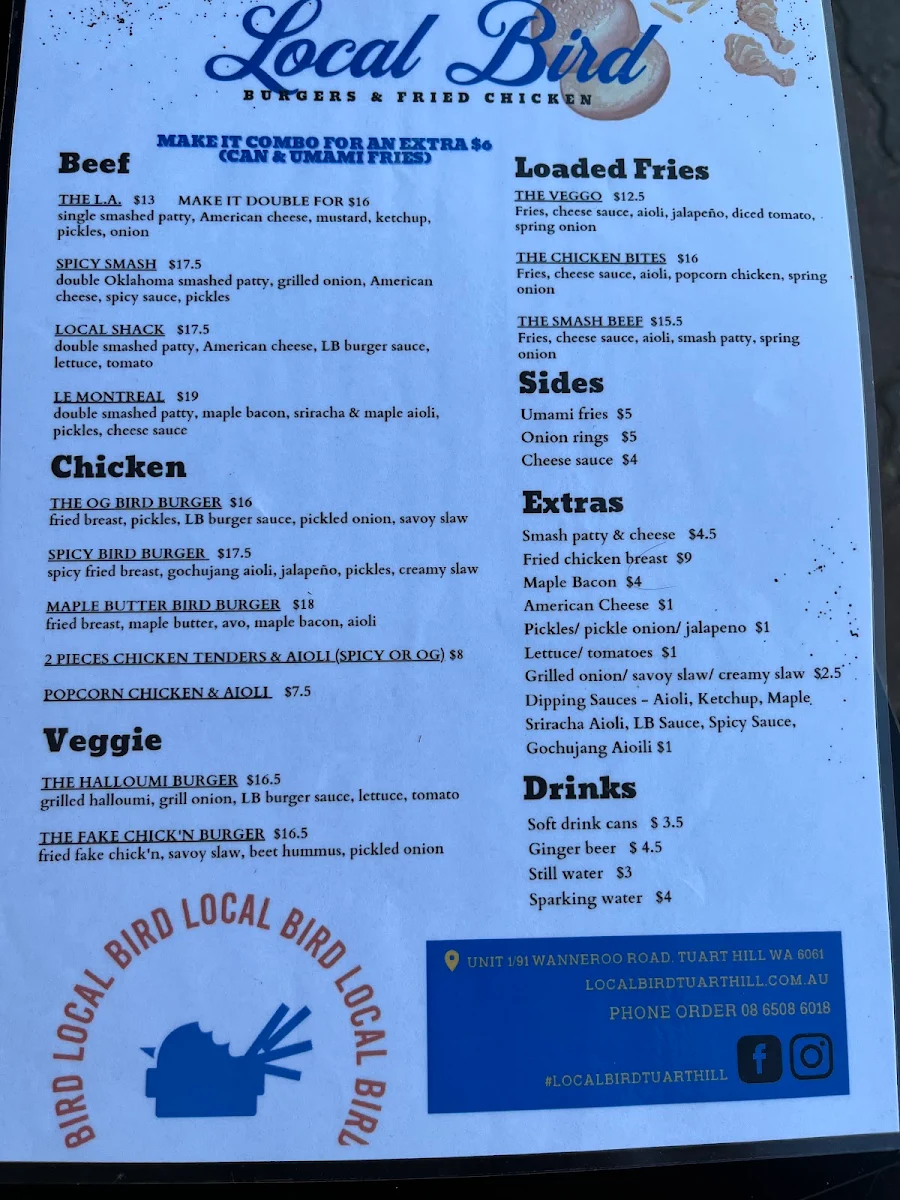 Menu, Local Bird Tuart Hill