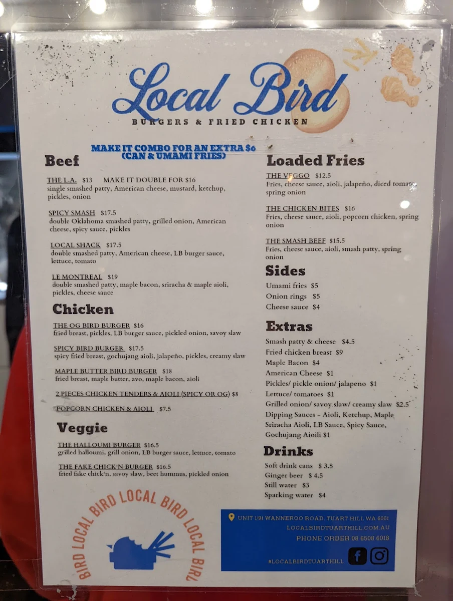 Menu, Local Bird Tuart Hill