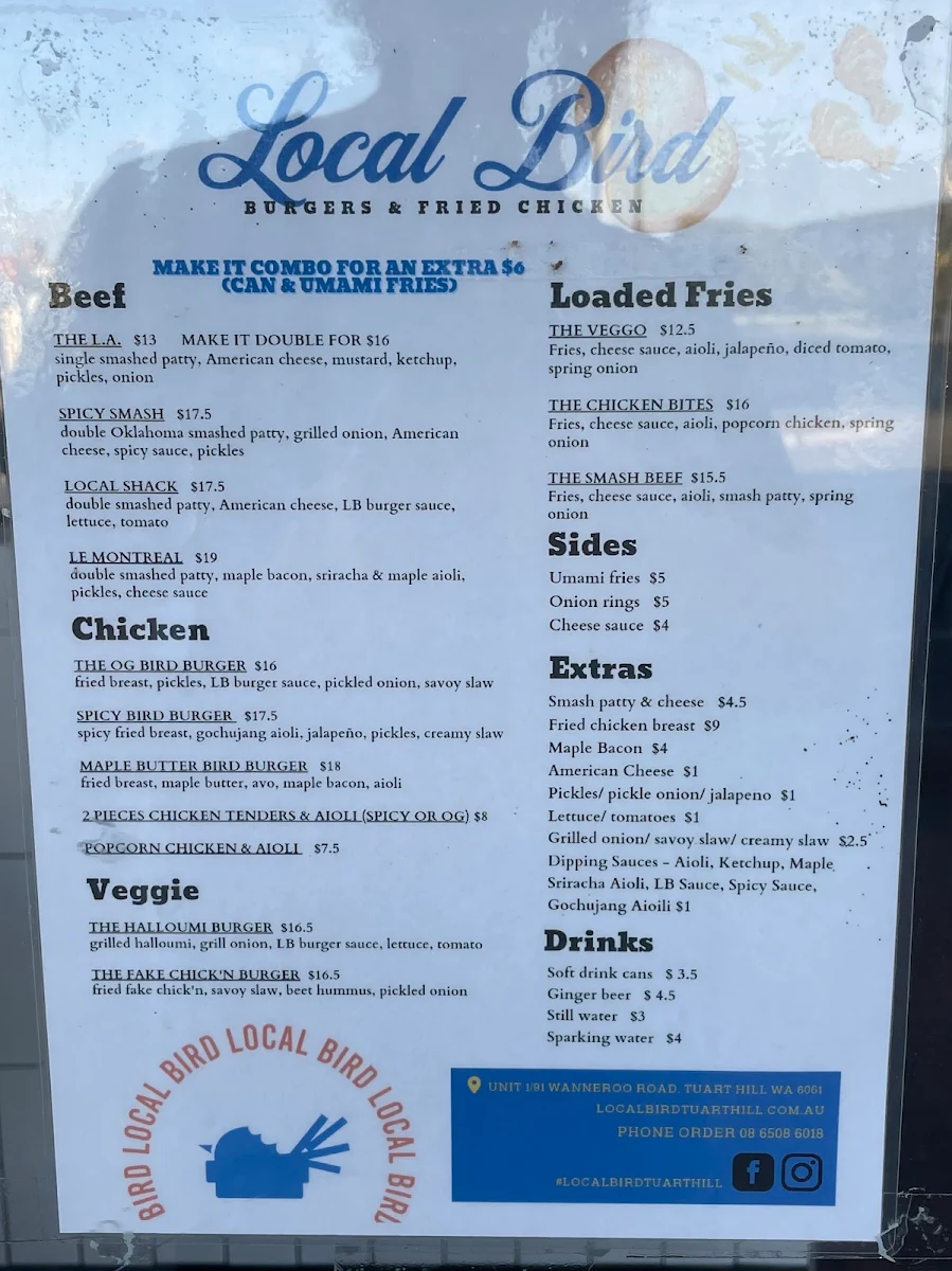 Menu, Local Bird Tuart Hill