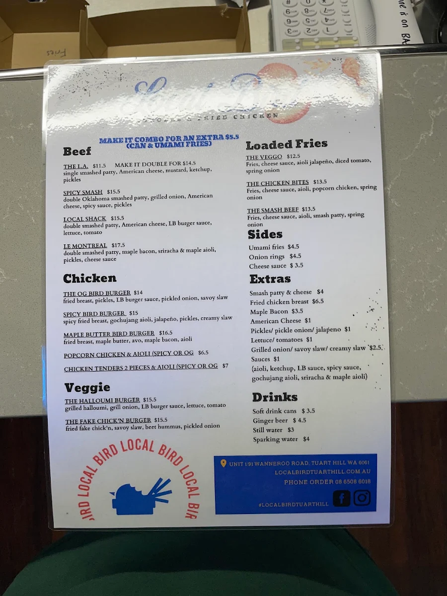 Menu, Local Bird Tuart Hill