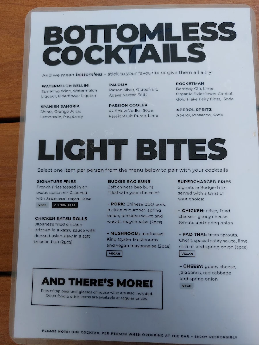 Menu, The Budgie Bar