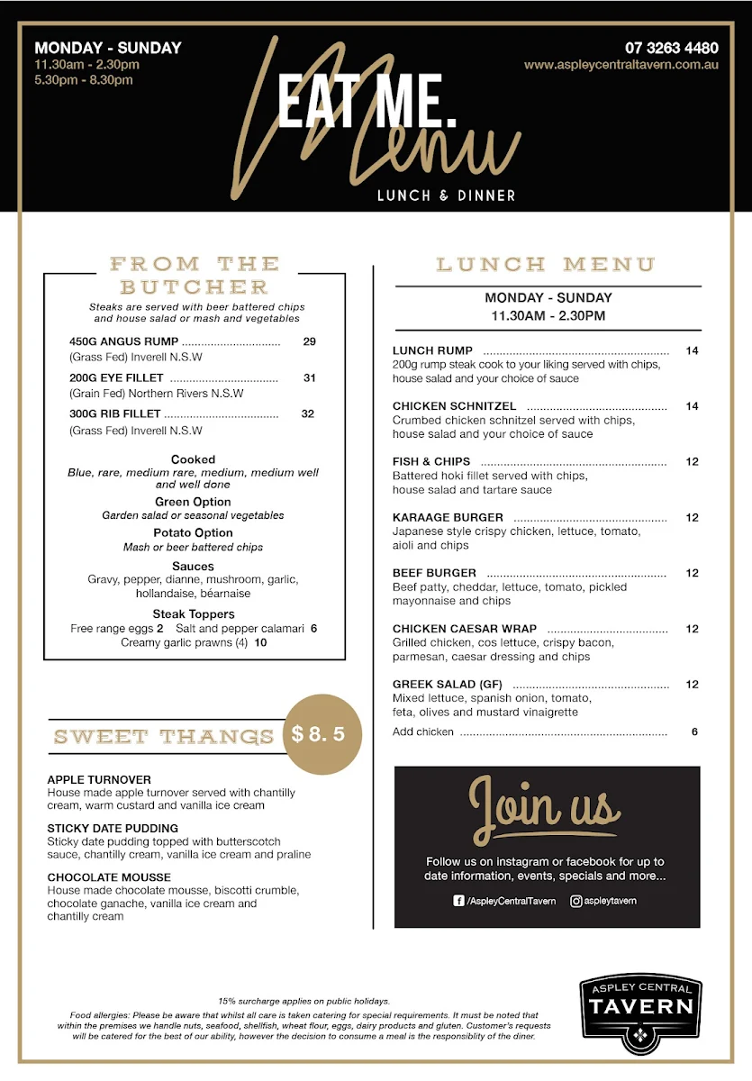 Menu, Aspley Central Tavern