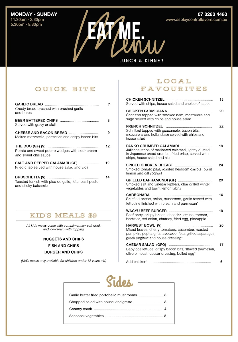 Menu, Aspley Central Tavern