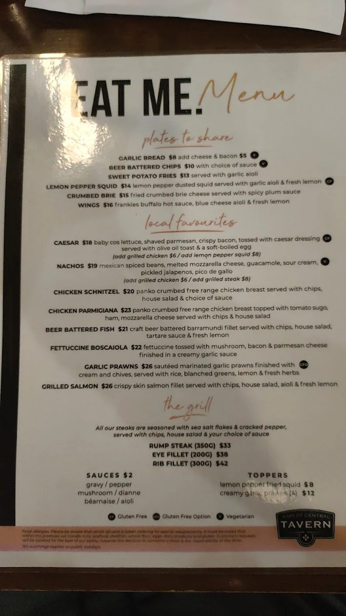 Menu, Aspley Central Tavern