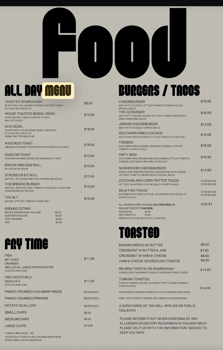 Menu, Drift Cafe