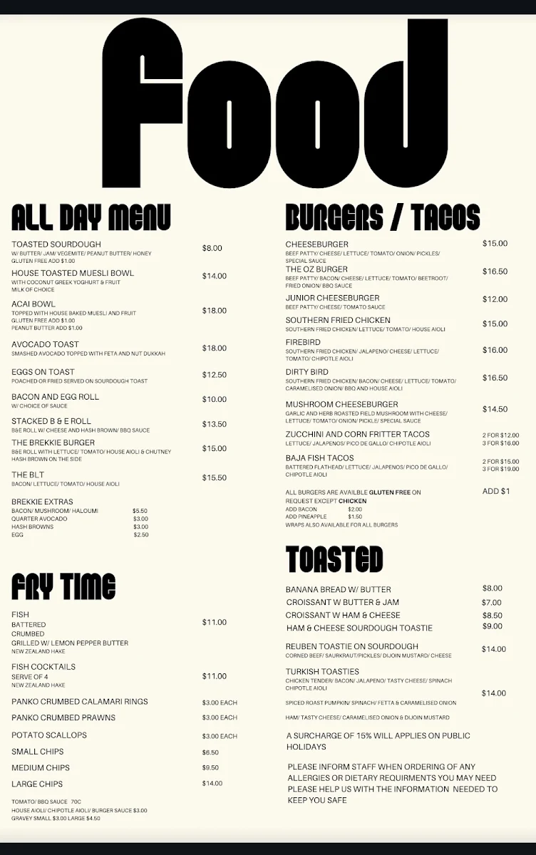 Menu, Drift Cafe