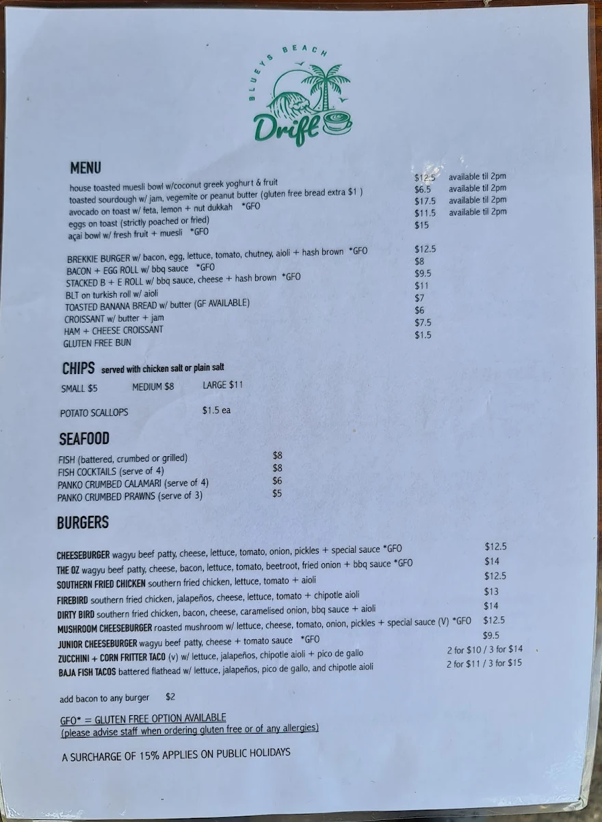 Menu, Drift Cafe