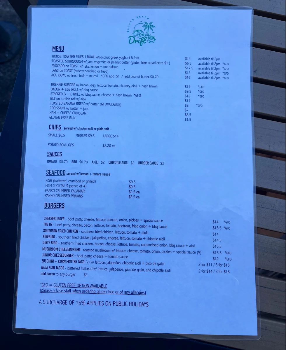 Menu, Drift Cafe