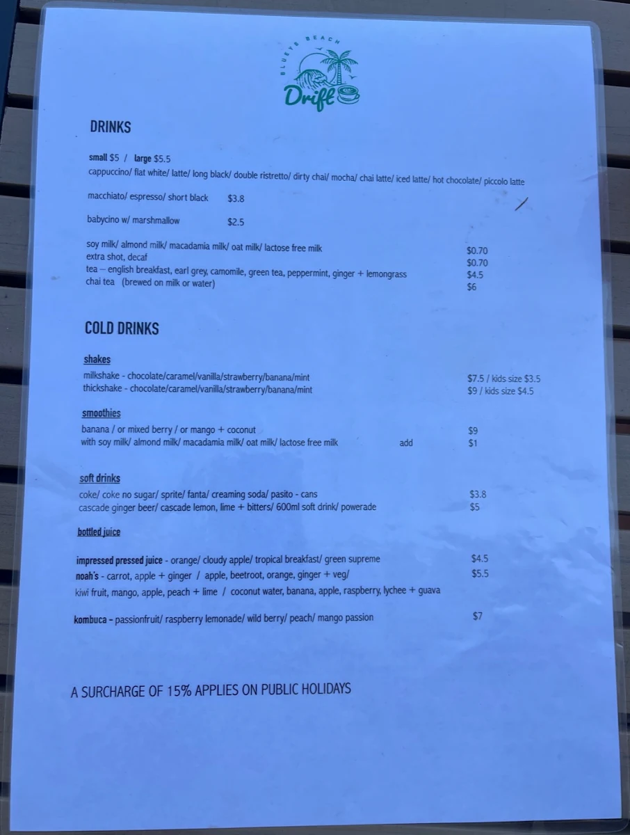 Menu, Drift Cafe