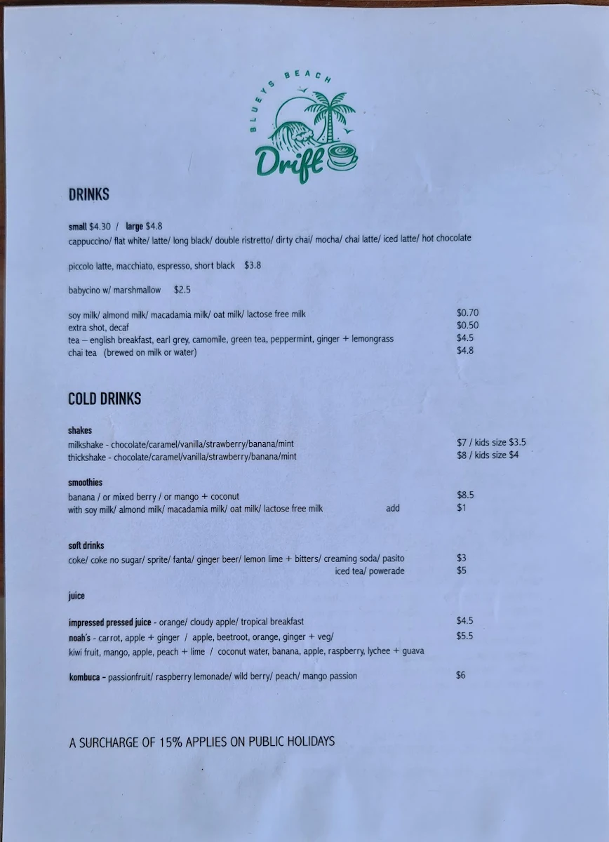 Menu, Drift Cafe