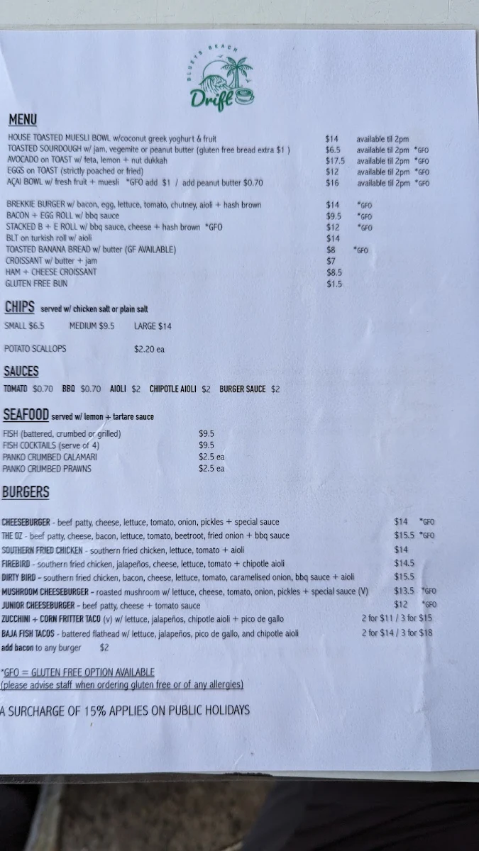 Menu, Drift Cafe