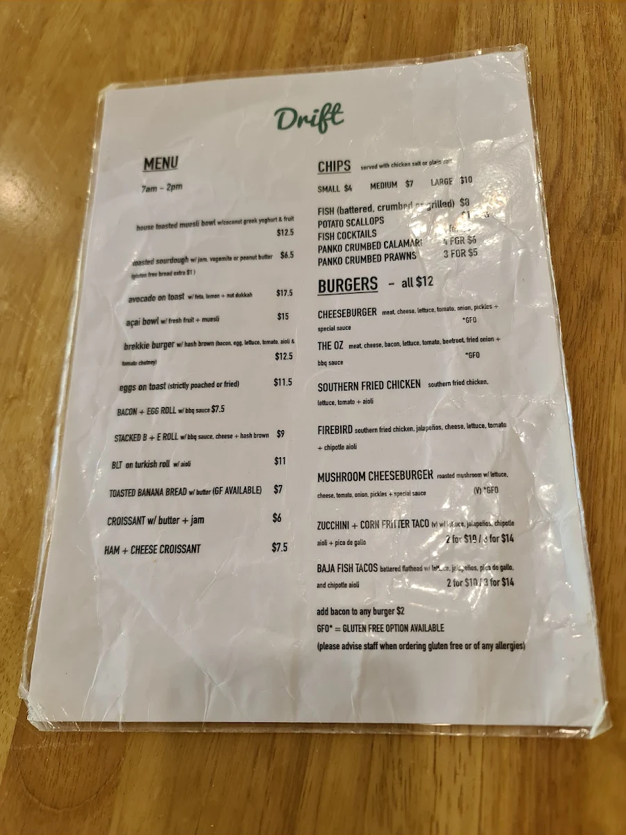 Menu, Drift Cafe