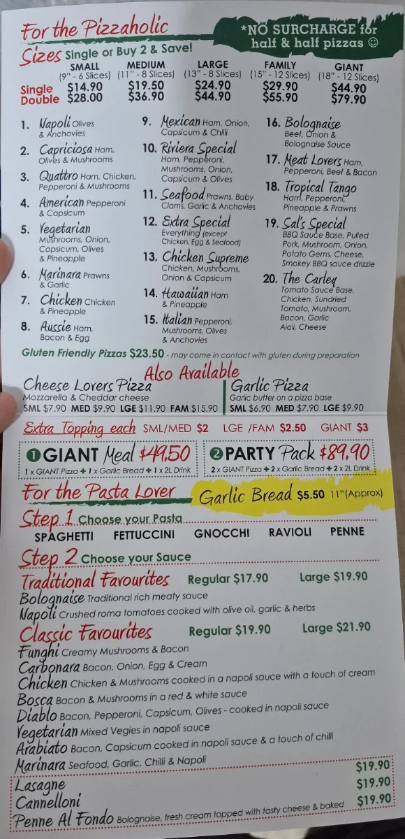 Menu, Pizza Riviera Hermit Park