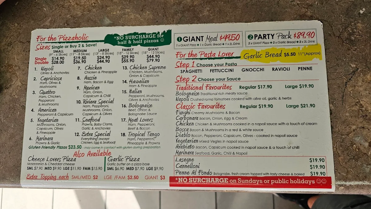 Menu, Pizza Riviera Hermit Park