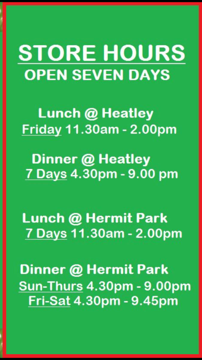 Menu, Pizza Riviera Hermit Park
