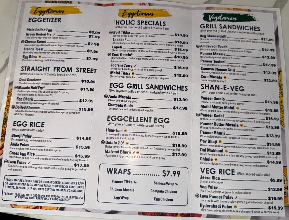 Menu, Eggholic - Indian Street Food