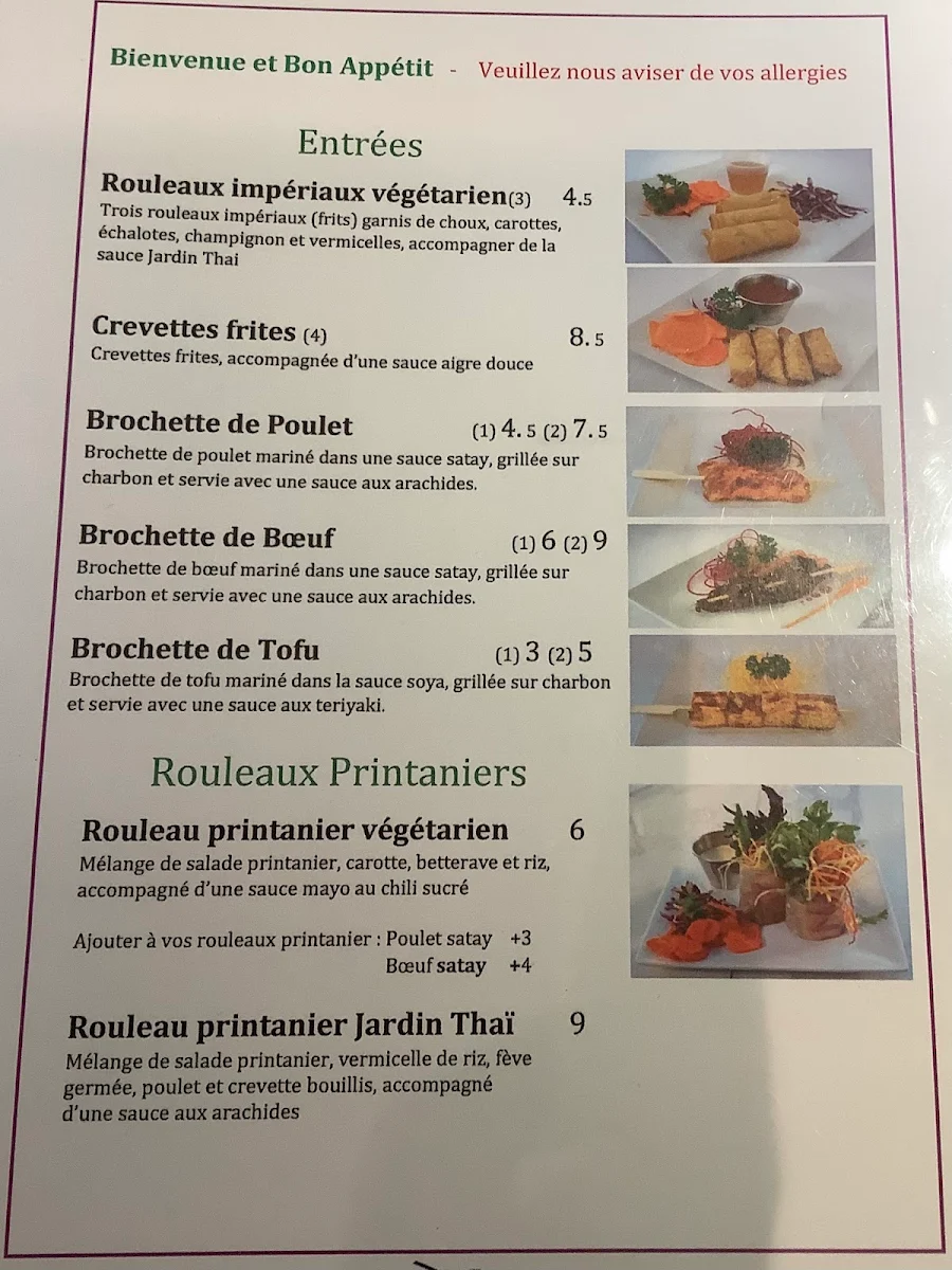 Menu, Jardin Thaï