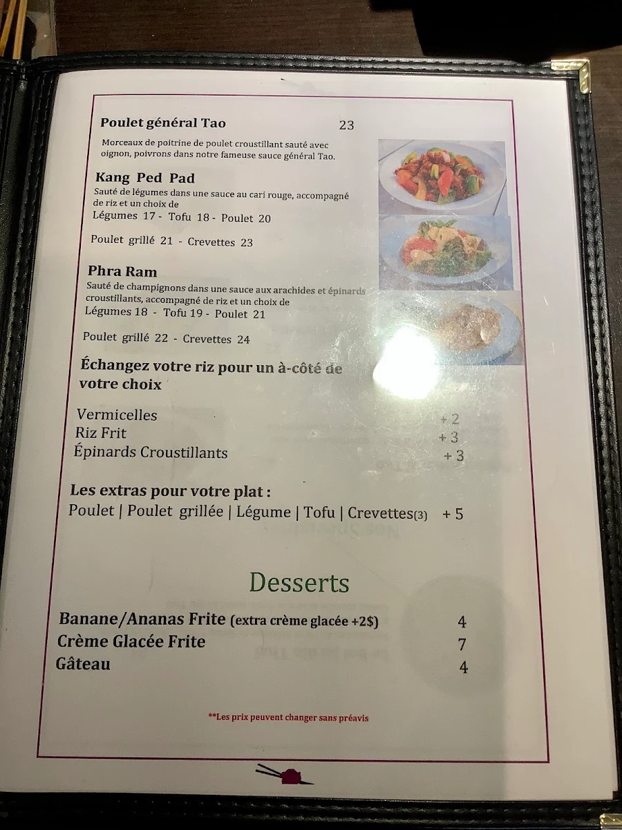 Menu, Jardin Thaï