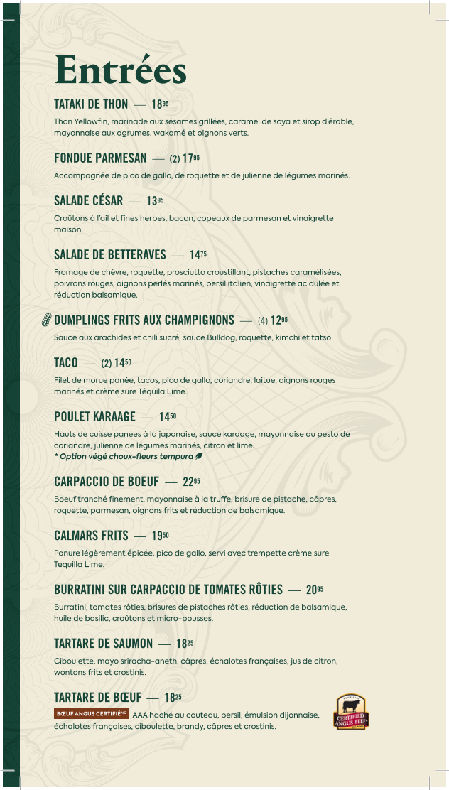 Menu, Blaxton Lebourgneuf