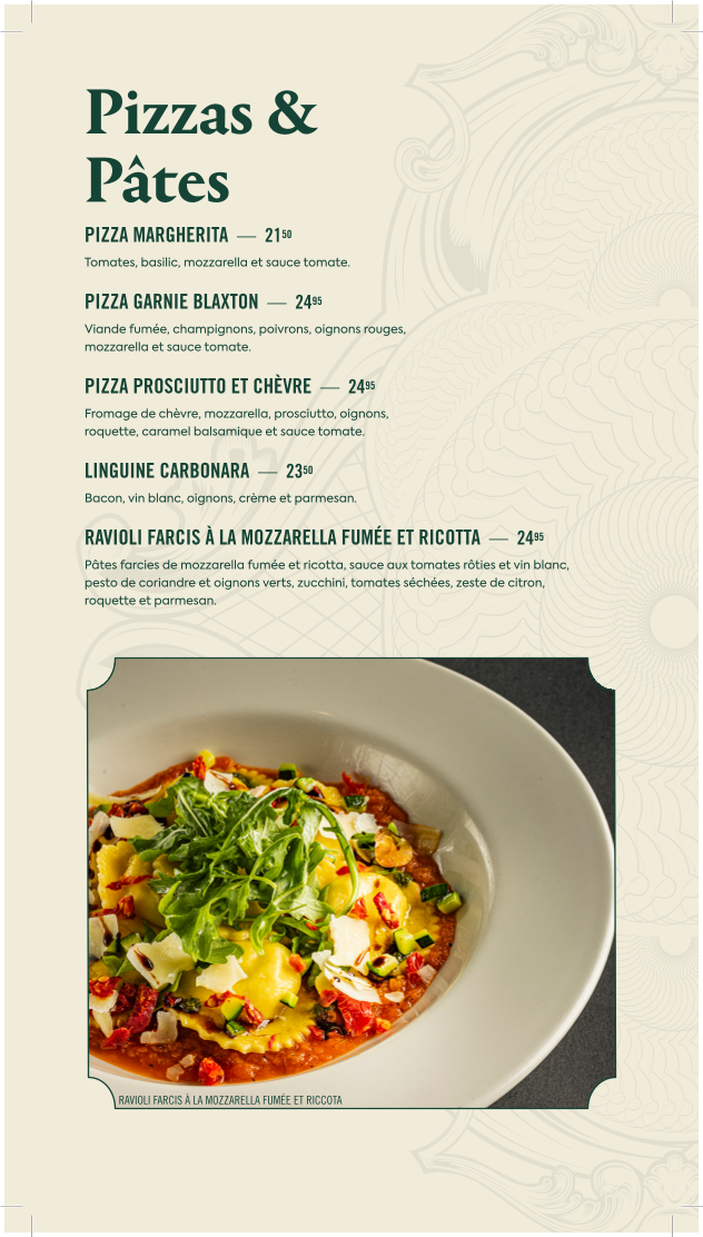 Menu, Blaxton Lebourgneuf
