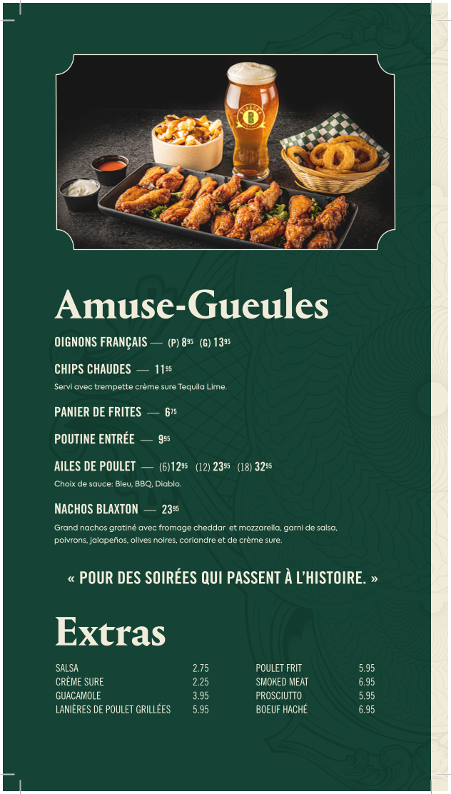 Menu, Blaxton Lebourgneuf